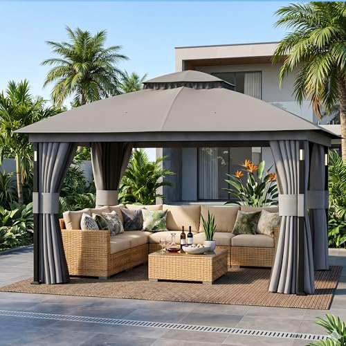 Covered Outdoor Patio Gazebo 11'x13' with LED Lights & Bluetooth Speaker, Heavy Duty Outdoor Canopy Shelter with Metal Frame, Double Roofs, Soft Top Gazebo with Netting and Curtains for Backyard, Gray