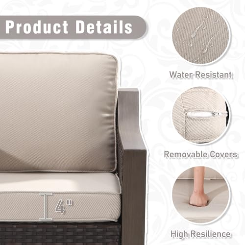 Qsoer 3 Piece Wicker Patio Conversation Set, All-Weather Use Outdoor Wicker Sofa with 2 PE Rattan Chair, Removable Water-Resistant Cushion, Ideal for Porch, Backyard, Balcony, Poolside, Beige