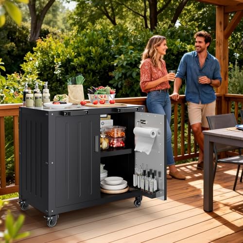 Outdoor Grill Cart with Storage Cabinet, Outdoor Cooking Table, Made Entirely of Stainless Steel, Grill Station for Kitchen Prep, Working Table, Lawn & Garden