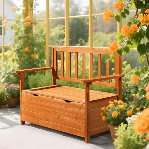 VINGLI Outdoor Storage Bench, Large Wood Deck Box with Seating, Weatherproof Outdoor Bench with Storage Loveseat, 2-Person Wooden Patio Bench for Entryway, Backyard, Garden