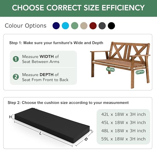 Summsun Outdoor Bench Cushion: Waterproof and Fade Resistant Patio Furniture Cushions - Non-Slip Bench Pad Cushion with Removable Cover for Garden Swing Porch Sofa Settee, 48 x 18 x 3 Inch, Black