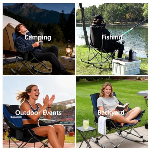 KINGROCK Oversized Rocking Camping Chair with Headrest and Carry Bag, 260LBS Capacity Folding Portable Camp Chairs for Adults, Recliner for Outdoor, Beach, Fishing, Travel, Sports Games,Purple