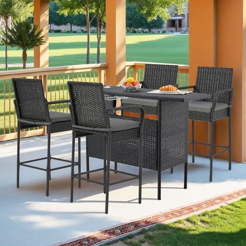 ECOTOUGE Patio Wicker Barstools Set of 4, Rattan Outdoor Bar Height Chairs with Armrest, Soft Cushion, Footrests, All-Weather Furniture for Backyard, Pool, Garden, Black