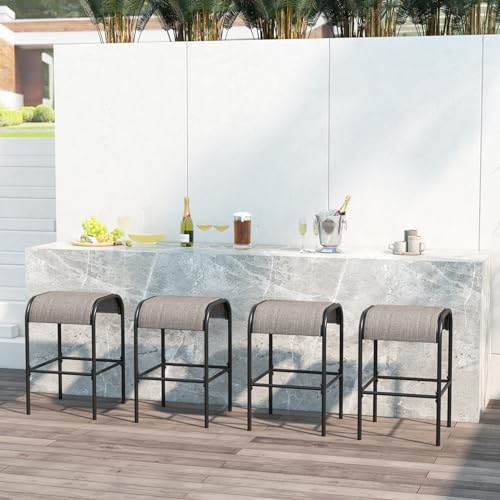 Tangkula Outdoor Bar Stools Set of 2, 30" Bar Height Bistro Stools with Breathable Fabric Seat & Heavy-Duty Metal Frame, Backless Bar Chairs with Curved Seats for Patio, Poolside, Backyard (2, Coffee)