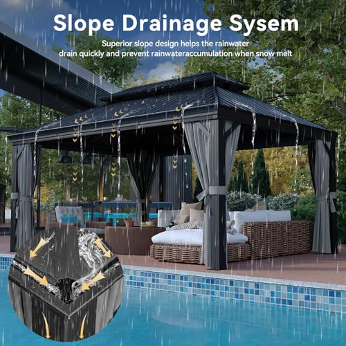 Aoxun 12' X 16' Hardtop Gazebo with Drainage System, Aluminum Outdoor Gazebo with Galvanized Steel Double Roof, Patio Permanent Metal Pavilion with Netting, for Garden, Deckyard, Grey
