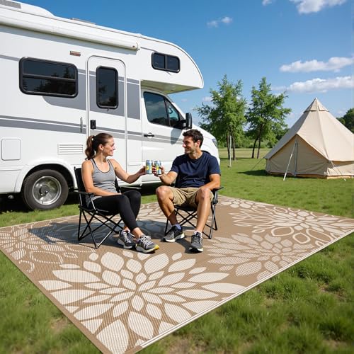 HEBE Waterproof Outdoor Rug 6x9 for Patios, Floral Reversible Plastic Straw Rug Patio Mat, Indoor Outdoor Carpet RV Mat Camping Rug for Deck, Camper, Porch, Balcony, Backyard, Picnic