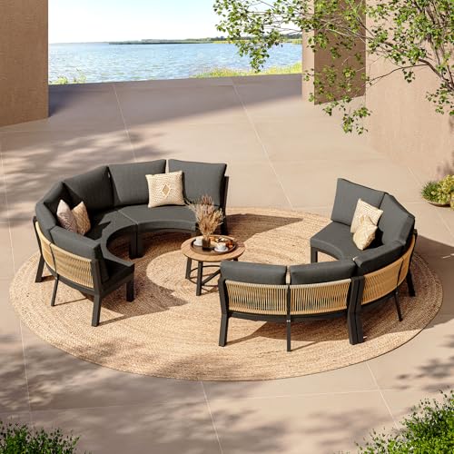 Oasbira Outdoor Aluminum Patio Furniture Set, 7 Piece Curved Outdoor Sectional Sofas with Coffee Table, PE Rope Patio Conversation Sets, All-Weather Patio Couch Sets with Cushions, Graphite