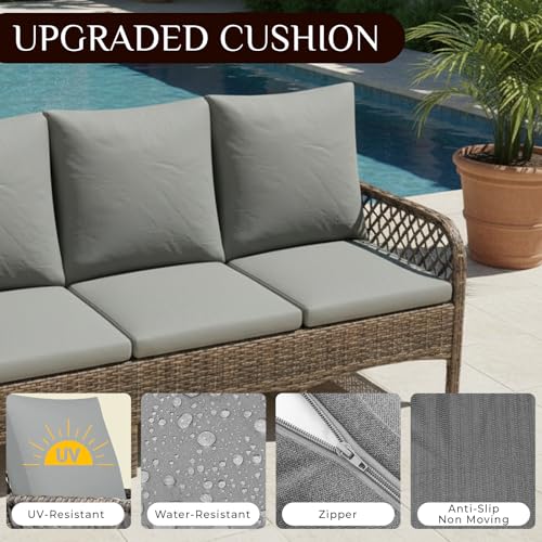 AECOJOY Patio Furniture Set Outdoor Sectional Sofa Couch and High Back Swivel Rocker Patio Chairs 6PCS Brown Wicker Conversation Set (Dark Grey, 6PCS- Whole Set)