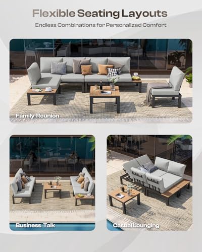 Oasbira Aluminum Modular Outdoor Patio Furniture Set, 6 Seats Sectional Sofa Set with Adjustable Backrest & Thick Cushions, All-Weather L-Shaped Corner Set with Table for Garden & Yard, Gray