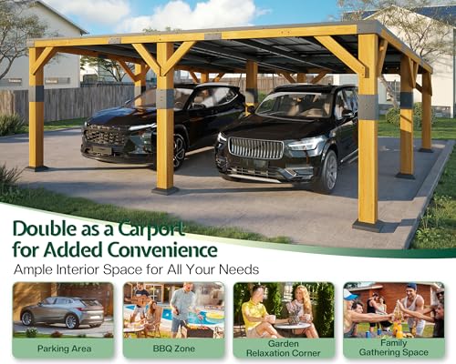 Jocisland 20' x 20' Cedar Wood Gazebo with Sloped Galvanized Steel Roof, Hardtop Gazebo Pavilion with Durable, Rot-Resistant Construction, Permanent Outdoor Pergola for Backyard, Garden & Deck