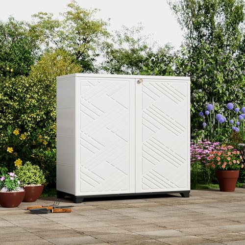 ZZM Indoor/Outdoor Storage Cabinet Waterproof, 34"x15"x34" Plastic Outdoor Storage Box for Garden Balcony Bathroom, All Weather Outdoor Storage Clearance, DIY Usage, with 2 Shelf (White)