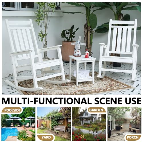 HRVEOCEI Oversized Outdoor Rocking Chair Set of 2 with Table, HDPE Patio Racking Chairs for Front Porch Outside All Weather, 300 LBS Capacity (Set of 2, White)