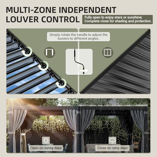 Airwire 12'x20' Louvered Pergola, Outdoor Pergola with 2 Independent Adjustable Roof and Drainage System, Aluminum Pavilion with Curtains & Netting, Hardtop Gazebo for Patio, Deck, Garden, Gray