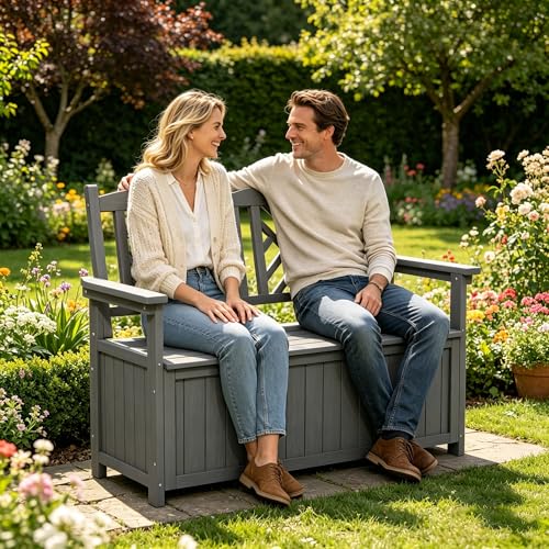 LLHHONGSHOPP 80 Gallon Outdoor Storage Bench Deck Box, Waterproof Weather Resistant Patio Bench with Armrests for Patio Garden and Porch, Large Capacity Storage Seat for Garden Tools, Cushions(Grey)