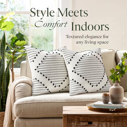 Mecatny Boho Summer Outdoor Throw Pillow Covers 18X18 Set of 2, Farmhouse Decorative Pillow Covers for Couch Sofa Living Room, Black & Cream White