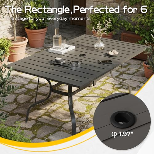 EROMMY 7-Piece Outdoor Patio Dining Set, 6 Wicker Swivel Rocking Chairs with 4" Cushions, Rectangular Table with Adjustable Umbrella Hole for Backyard, Deck, Black