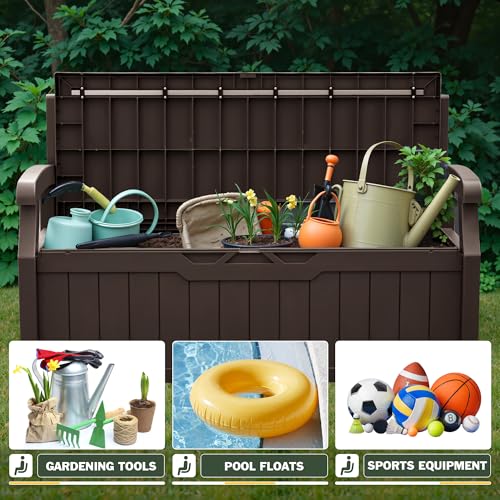 Flamaker 80 Gallon Storage Bench Outdoor Indoor, Durable All-Weather Seating with Hidden Storage, Lockable Deck Box for Garden, Patio, Poolside (Brown)