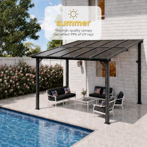 10 x 12 FT Patio Pergola, Heavy Duty Outdoor Metal Lean-to Gazebo, Hardtop Galvanized Steel Pergola with Sloped Polycarbonate Roof for Backyard, Deck, Patio, Black (140.5" L x 119" W x 98.4" H)