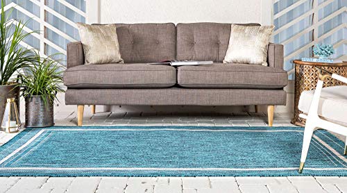 Unique Loom Outdoor Border Collection Area Rug - Soft Border (8'x 11' 4" Rectangle, Teal/ Ivory)
