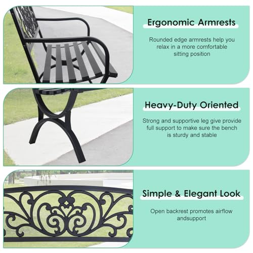 FDW Outdoor 50 Inches Garden Bench, Slatted Seat Armrests Floral Design Backres and Arch Legs, Perfect for Park, Yard, Porch, Lawn, Balcony, Backyard, Black