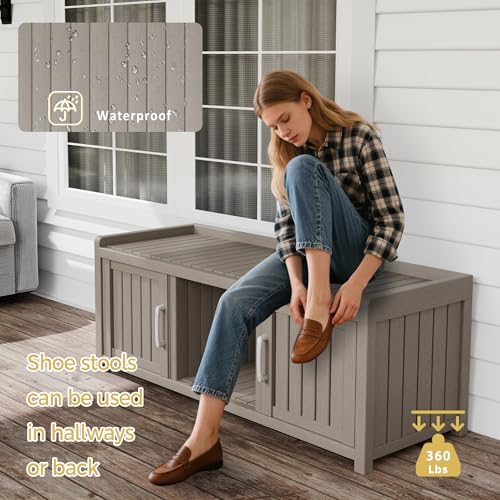 Trygoal Storage Bench - Waterproof Resin Shoe Bench with Adjustable Shelves - Indoor & Outdoor Use, 2 Doors Entryway Bench with Hidden Storage Space - Storage Cabinet for Bedroom, Hallway, Grey