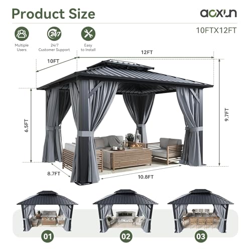 Aoxun 10x12 Gazebo Hardtop Gazebo with Double Galvanized Steel Roof Outdoor Pavilion with Breathable Netting and Privacy Curtain for Backyard (Gray)