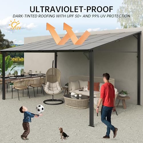 10x12 ft Wall-Mounted Lean-to Gazebo, Outdoor Patio Cover Awning with Heavy-Duty Aluminum Frame & UV-Resistant Polycarbonate Roof, All-Weather Hardtop Canopy for Deck, Yard & Parties