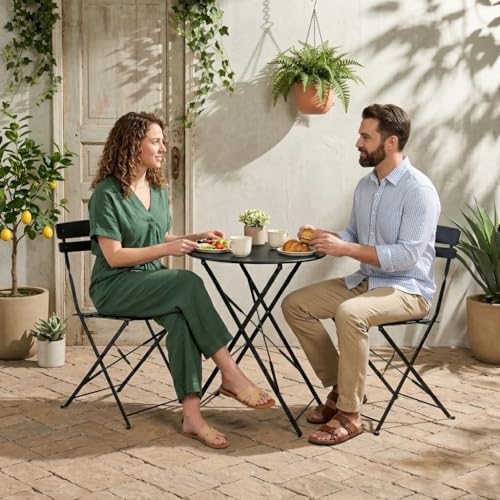 wildformers Outdoor Compact Folding Bistro Table and Chairs Set of 2, No Assembly Steel Patio Furniture for Small Balcony Yard, Black