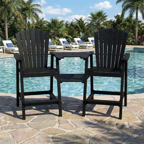 GLANC Tall Adirondack Chairs Set of 2, All Weather HDPE Bar Height Balcony Adirondack Chair with Removable Double Connecting Trays, Black Outdoor Adirondack Barstools for Deck Patio Yard Pool Lawn