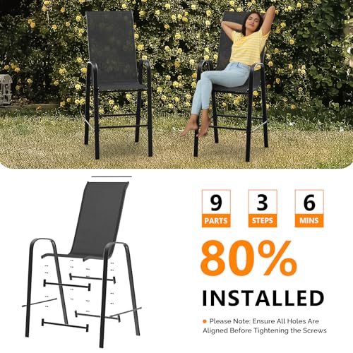 VINGLI Set of 2 Stackable Outdoor Bar Stools – Sling Chairs with High Back & Armrests, for Lawn, Garden, Bar, Black