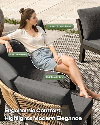 Oasbira Outdoor Aluminum Patio Furniture Set, 7 Piece Curved Outdoor Sectional Sofas with Coffee Table, PE Rope Patio Conversation Sets, All-Weather Patio Couch Sets with Cushions, Graphite