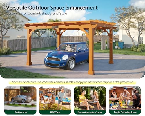 Jocisland 10x12 FT Premium Cedar Wood Pergola with Trellis Roof & Weather-Resistant Support, Outdoor Pergola Kit with Stakes, Garden Gazebo for Patio, Backyard & Events, Reddish-Brown