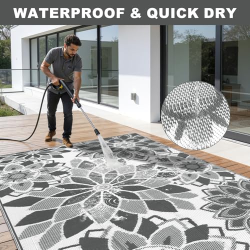 LOKHOM Outdoor Rug for Patio 6x9 ft Reversible Plastic Straw Patio Camping Rug, Floral Waterproof RV Mat for Camper Indoor Outdoor Carpet for Deck Porch Picnic Beach Balcony Backyard, Grey & White