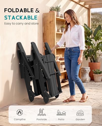 SERWALL Folding Adirondack Chair Set of 6, Adjustable Adirondack Chair with 3 Recline Positions, All Weather HDPE Outdoor Adirondack with Cup Holders, Black