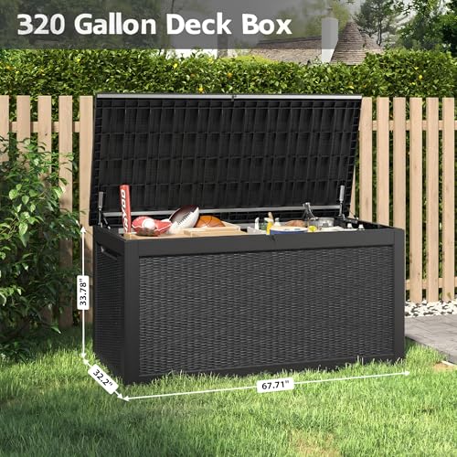 WTFGO 320 Gallon Outdoor Storage Box, Resin Deck Boxes Outdoor Waterproof For Patio Furniture, Garden Tools, Pool Supplies, Lockable And UV Resistant (Rattan Black)