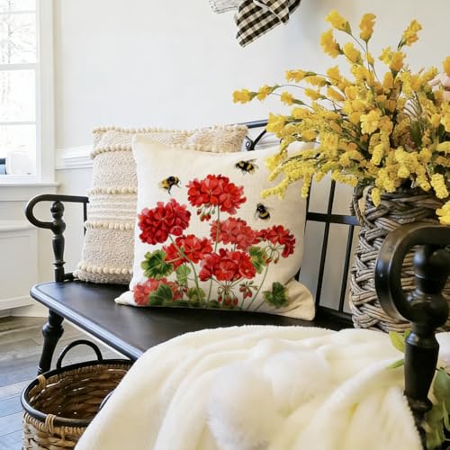 RABUSOFA Spring Summer Outdoor Geranium Pillow Covers 18x18 Inch Set of 2 Waterproof for Outside, Red Bee Holiday Farmhouse Seasonal Indoor Cushion Cases Decoration for Patio Furniture