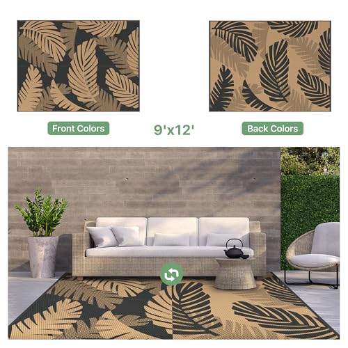 GENIMO Waterproof Outdoor Rug 9' x 12' for Patio Decor, Reversible Plastic Straw Area Rugs for Camping Clearance, RV Mat, Large Outside Carpet for Porch, Deck, Picni, Balcony, Garden, Black & Brown