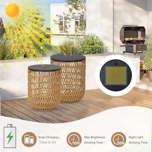 HMVPL Solar Outdoor Side Table Set of 2 with Dimmable Light, Round Patio Side Table for Outside, Outdoor End Accent Tables, Plastic Rattan Patio End Table for Poolside Backyard Gazebo, Dusk to Dawn