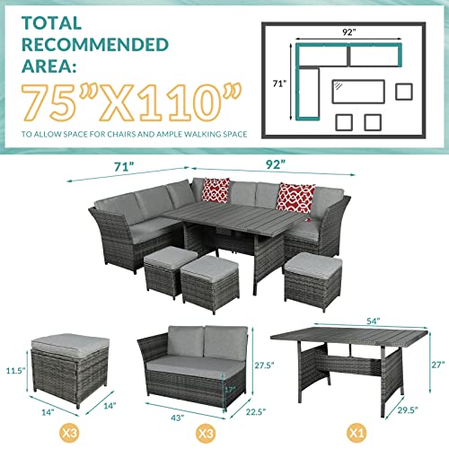 MEETWARM 7 Pieces Wicker Patio Furniture Set Outdoor Conversation Set All Weather Rattan Sectional Sofa Couch Garden Dining Table Chair Set with Ottoman (Gray)