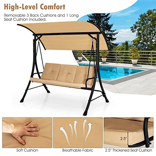 Tangkula 3 Person Porch Swing, Outdoor Swing with Removable Cushions, Solid Steel Structure, Patio Swing with Adjustable Canopy for Garden, Backyard, Balcony, Poolside Beige