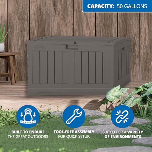 Suncast 50 Gallon Plastic Deck Box with Molded Lockable Feature and Weathertight Construction for Home, Patio, Lawn, and Garden Storage, Gray