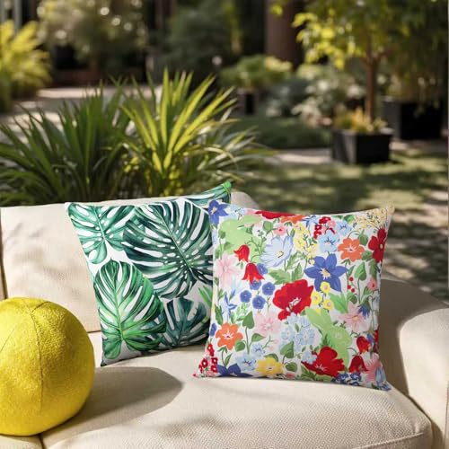 Adabana Spring Summer Outdoor Waterproof Floral Pillow Covers Set of 2 Square Colorful Couch Cushion Cases 18x18 Inch Waterproof Decorative Pillows for Patio Garden Beach,Colorful