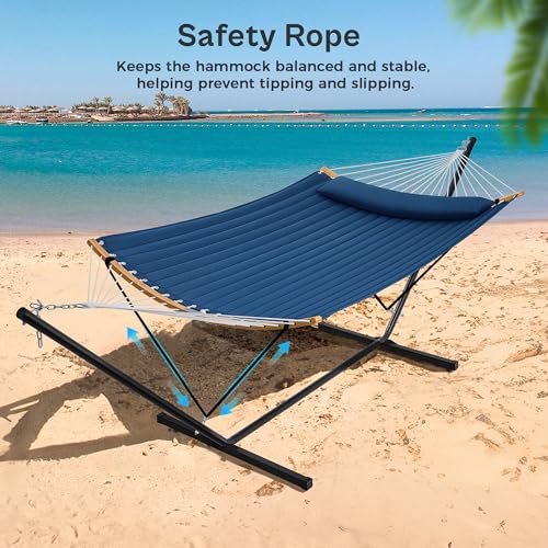 SUPERJARE Curved-Bar Hammock with Stand, 2 Person Heavy Duty Hammock Frame, Detachable Pillow & Portable Carrying Bag, Perfect for Outdoor & Indoor, Navy Blue