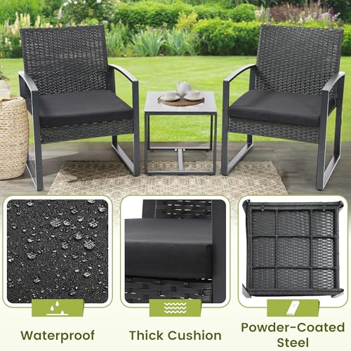 Murago 3-Piece Patio Bistro Set - Outdoor Rattan Conversation Chair Set with Glass Coffee Table & Cushions - Perfect for Balcony, Porch, Garden, Poolside, Black/Black