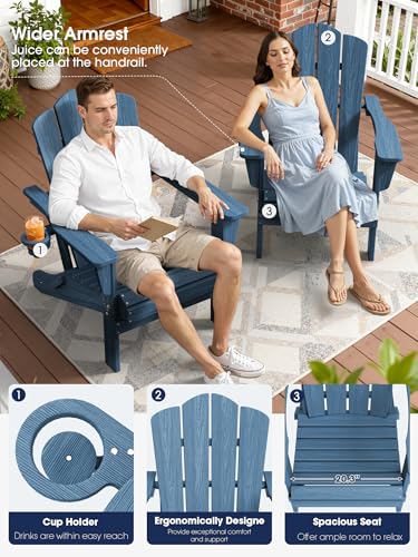 KINGYES Folding Adirondack Chair Set of 2, HDPE All-Weather Patio Chairs with Cup Holder, Wooden Textured Fire Pit Chairs for Poolside, Backyard, Deck, Navy