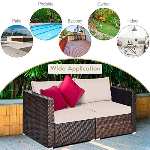 Tangkula Wicker Loveseat 2 Piece, Patio Furniture Couch with Removable Cushions, Rattan Loveseat Sofa for Balcony, Deck, Garden and Poolside