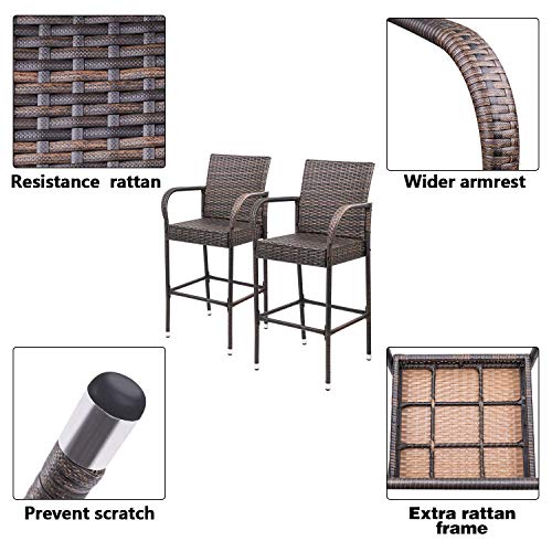Homall Patio Bar Stools Wicker Barstools Indoor Outdoor Bar Stool Patio Furniture with Footrest and Armrest for Garden Pool Lawn Backyard Set of 2 (Brown)