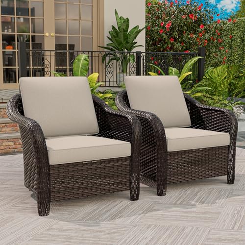Qsoer Outdoor Wicker Chair Set of 2, All-Weather Use Patio Rattan Chair with Seat and Back Cushion, Ideal for Porch, Backyard, Balcony, Poolside, Beige