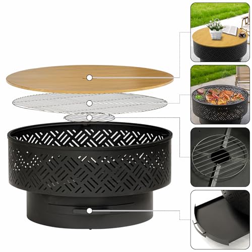 OutVue 26" Wood Burning Fire Pits with Grill & Lid, Fire Pit Table for Outside with Waterproof Cover & Fire Poker, Outdoor Firepit with Functions for BBQ,Table and Bonfire