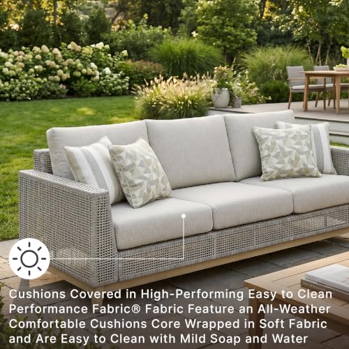 Signature Design by Ashley Seton Creek Cottage Nuvella Weather Resistant Fabric Outdoor Sofa with Cushion and 4 Throw Pillows, Light Brown & Light Gray